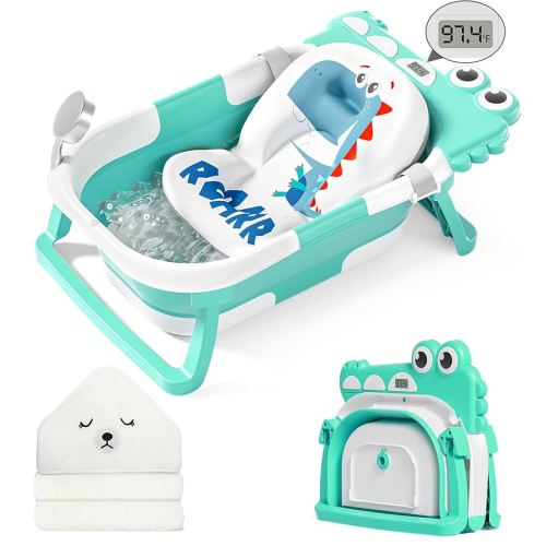 MoreFeel Collapsible Baby Bathtub for Newborn with Thermometer & 1 Hooded Towel & 1 Soft Floating Cushion,Portable Travel Bathtub with Drain Hole, Durable Foldable Baby Tubs for Infants to Toddler