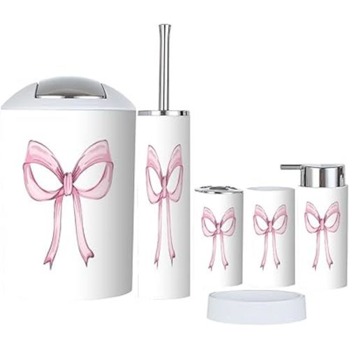 Bathroom Accessory Set 6 Piece Bow Pattern Repeating Hand Drawn Seamless Inspirational Cute Quote Toothbrush Holder, Toothbrush Cup, Soap Dispenser, Soap Dish, Toilet Brush Holder, Trash can