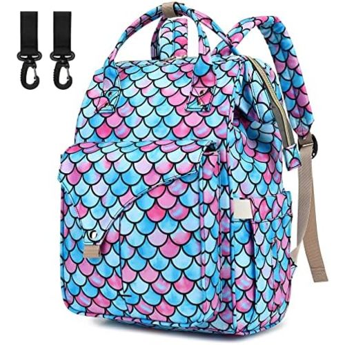 Mermaid Diaper Bag Backpack for Baby Girls Boys, Large Capacity Multifunction Waterproof Maternity Mom Nappy Bags with Stroller Straps