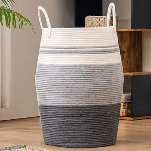 105L Extra Large Woven Laundry Hamper Basket with Heavy Duty Cotton Rope Handles for Clothes and Toys in Bedroom, Nursery Room, Bathroom, Collapsible, Dark Grey