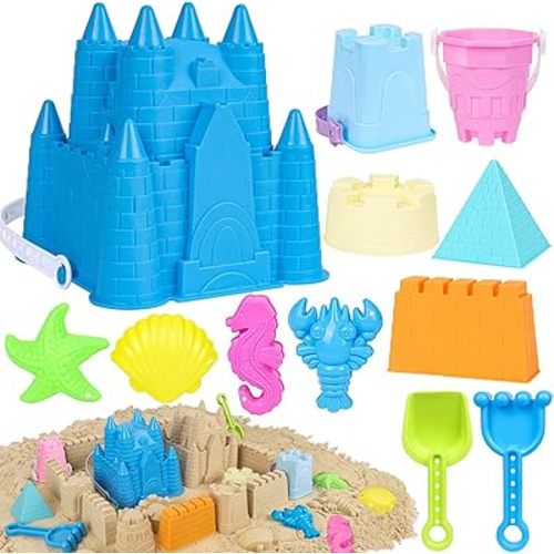 Beach Toys Sand Toys for Kids, Sand Castle Toys with Castle Bucket, Sand Molds, Shovel and Rake, Sandbox Toy for Toddlers 1-3 4 5 6 7 8 9 10 12, Beach Summer Accessories for Kids