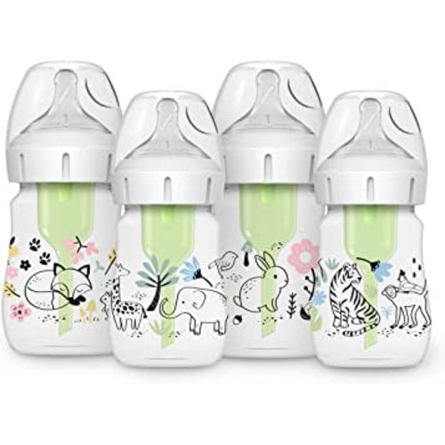 Dr. Brown’s Natural Flow® Anti-Colic Options+™ Wide-Neck Baby Bottle Designer Edition Bottles, Jungle and Woodland Design, 5 oz/150 mL, Level 1 Nipple, 4-Pack, 0m+