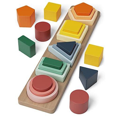 GOPO TOYS Montessori Toys for 18+ Months Old - Toddlers Wooden Sorting and Stacking Toys for Baby Boys and Girls - Shape Sorter and Color Stacker Preschool Kids Wood Gifts