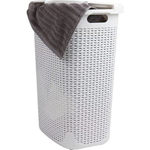 Mind Reader 60L Slim Laundry Hamper, Clothes Basket, Lid, Wicker Design, Plastic, 17.65"L x 13.75"W x 24.15"H, White