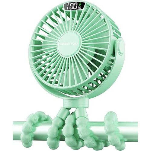 SWEETFULL Portable Stroller Fan with Display 4000mAh Battery Powered Mini Clip On Fan, 4-Speed Rechargeable Small Personal Cooling for Baby Car Seat Crib Travel - Green