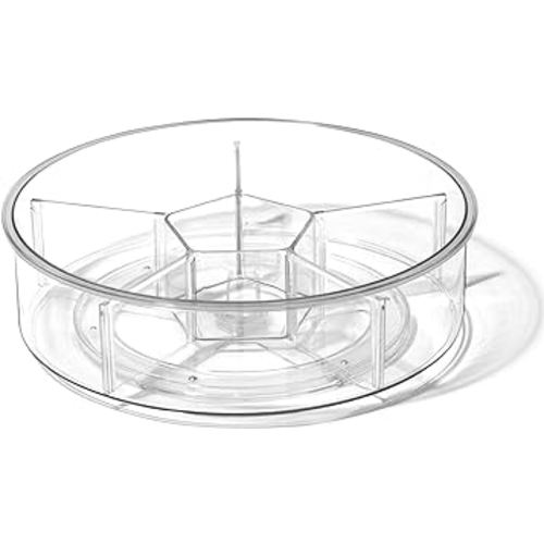 BINO Plastic Round Turntable Organizer with 6 Compartments - Clear | Spinning Divided Turntable Container | Rotating Organizer Storage for Bottle Condiments Fridge Kitchen Counter Pantry Bathroom