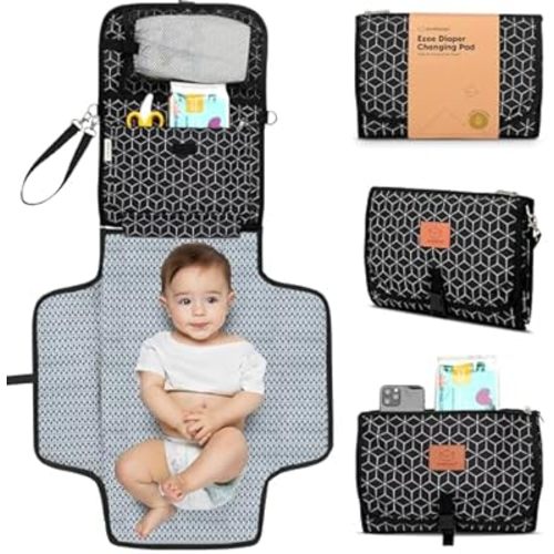 KeaBabies Portable Diaper Changing Pad - Large Waterproof Baby Changing Mat, Compact Travel Diaper Clutch, Functional Pockets Fit Newborn Essentials, Wipeable & Padded Baby Changer (Black Geo)