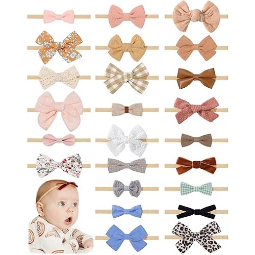 jollybows 24 PCS Baby Headbands and Bows Hairbands Soft Nylon Elastics Handmade Girls Hair Accessories for Newborn Babies Infant Toddlers Kids