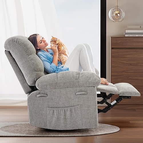 Rocking Recliner Chair with 360° Swivel, Upholstered Fabric Glider Recliner with Side Pockets, Q235 Steel Frame Single Sofa for Living Room, Nursery & Small Spaces – Gray