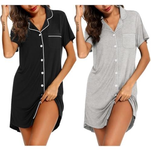 Samring 2 Pack Nightgowns for Women Short Sleeve Sleepwear Button Down Nightshirts Sleep Shirts Boyfriend Pajama Dress