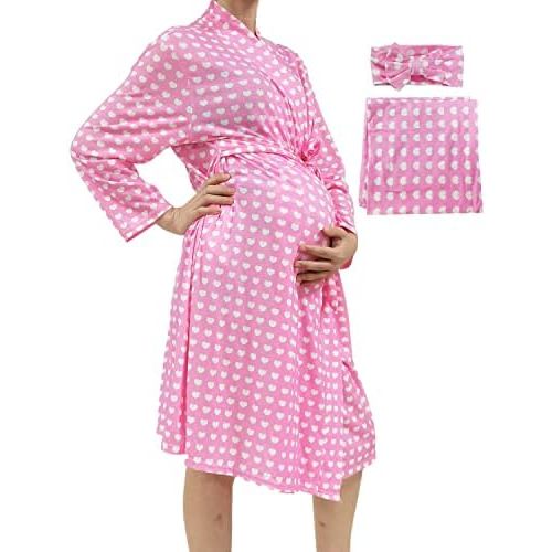 SUFEINI Maternity Robe and Matching Baby Swaddle Blanket Set, Mommy Robe with Receiving Blanket Girls Boys Sleepwear