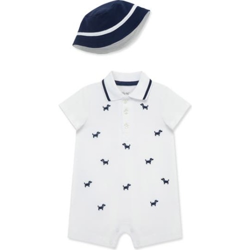 Embroidered Puppy Cotton Piqué Polo Romper & Bucket Hat Set, 6M