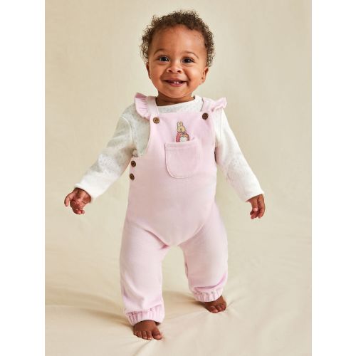 JoJo Maman Bébé Pink Peter Rabbit Appliqué Velour Dungarees and Body Set