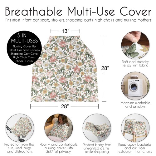 Sweet Jojo Designs Vintage Floral Boho Girl 5 in 1 Baby Car Seat Nursing Cover Pink Yellow Green Bohemian Shabby Chic Farmhouse