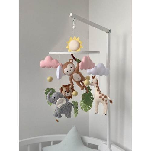 Baby mobile safari, nursery decor safari, safari baby mobile for girl, mobile with safari animals elephant giraffe monkey, baby crib mobile