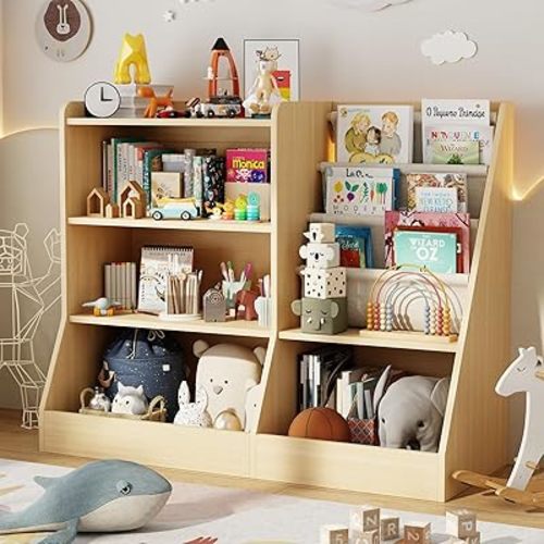 39" Large Wooden Kids Bookshelf and Toy Storage Organizer, Baby Bookcase with Sling Book Rack, Children Toddler Wooden Book Shelf for Kids Rooms, Playroom, Classroom, Nursery (Burlywood)