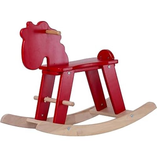 Red Wooden Rocking Horse for Preschool Age - Solid Rubber Wood, Safe & Comfortable Footrest, Smooth Surface for Decoration, Supports Physical & Cognitive Growth