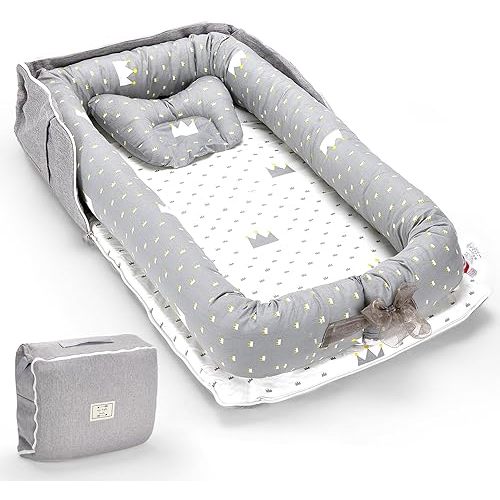 Infant Lounger, Baby Nest for Newborns, Portable Breathable Baby Lounger Pillow Adjustable U-Shaped Safety Bumper for Cozy Comfort - Crown Ash