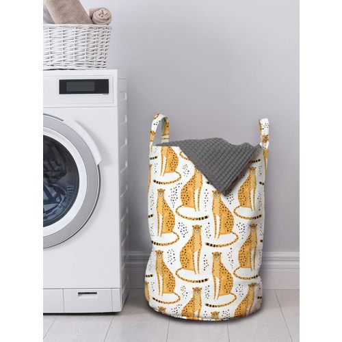 Ambesonne Leopard Laundry Bag, Cheetahs from the Cat Family Savannah Animal, Hamper Basket with Handles Drawstring Closure for Laundromats, 13" x 19", White Orange