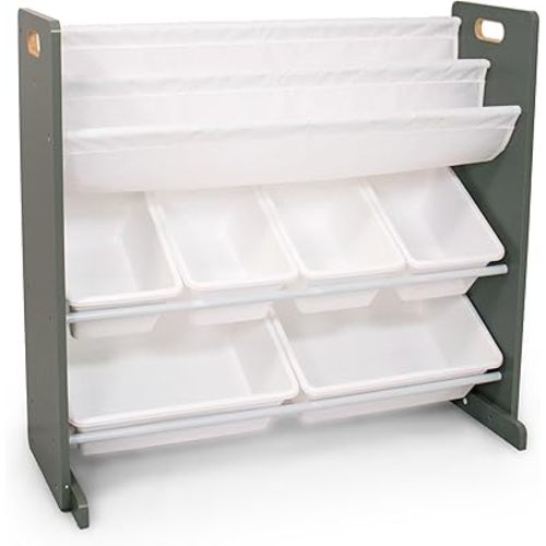 Humble Crew Read n' Play 2 Tier Bookrack with 6 Bin Toy Organizer, Grey/White