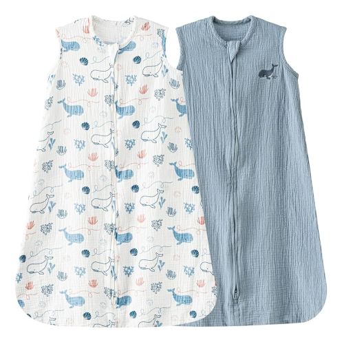 david's kids Muslin Cotton Baby Sleep Sack 6-12 Months, 2 Pack 100% Cotton Sleeping Bag for Summer, TOG 0.5 Baby Wearable Blankets with 2-Way Zipper, Soft Sleep Sacks for Newborn Infant, Whale