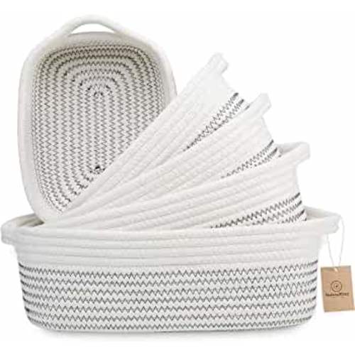 NaturalCozy 5-Piece Rectangle Storage Basket Set- Natural Cotton Rope Woven Baskets for Organizing! Small Basket for Montessori, Baby Nursery, Dog Toy Baskets, Cat Toy Box, Bathroom Organization Bin