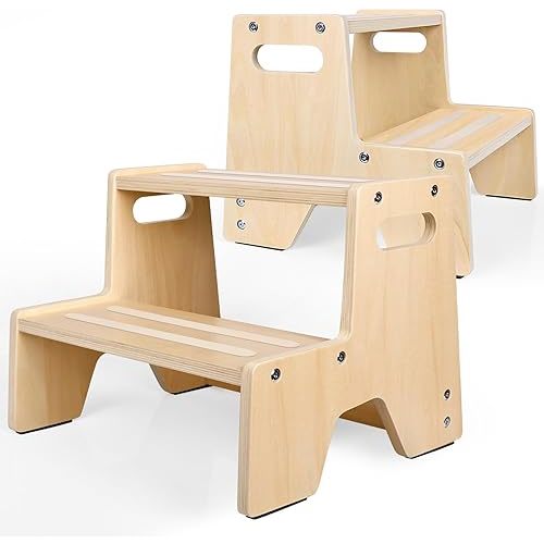 2 Pack Toddler Step Stool Wooden Step Stool for Kids with Anti-Slip Surface and Pads 2 Step Stool with Handles for Bathroom Sink Kitchen Bed Toilet Potty Training