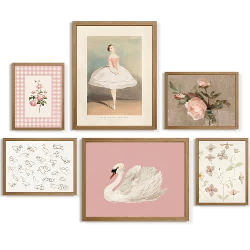 Nursery Pink Wall Art Decor Baby Girl Canvas Wall Art Vintage Floral Prints Kids Room Wall Decor Preppy Flower Poster Antique Pink Pictures Swans Painting for Girls Room Bedroom 8x10x6 Inch Framed