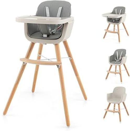 HONEY JOY High Chair, 3-in-1 Eat & Grow Wooden Highchair/Toddler Chair with Removable Tray, 5-Point Harness, PU Cushion and Footrest for Baby, High Chair for Babies and Toddlers(Gray)