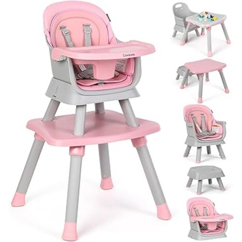 Cowiewie 8 in 1 Baby High Chair for Babies & Toddlers Table and Chair Set Building Block Table Highchair with Safety Harness,Removable Tray(Pink)