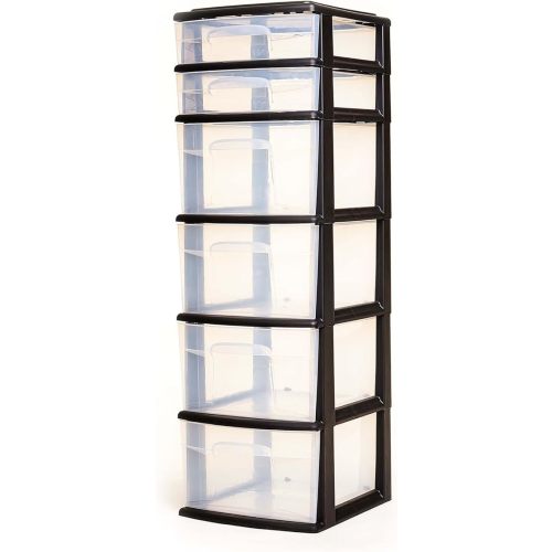 HOMZ Drawer Tower, 6-Tier Clear Plastic Storage Organizer Cart, Black Frame