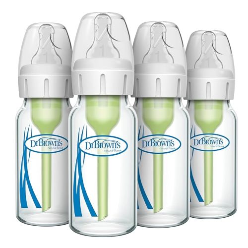 Dr. Brown's Natural Flow Anti-Colic Options+ Narrow Glass Baby Bottle 4 oz/120 mL, with Level 1 Slow Flow Nipple, 4 Pack, 0m+
