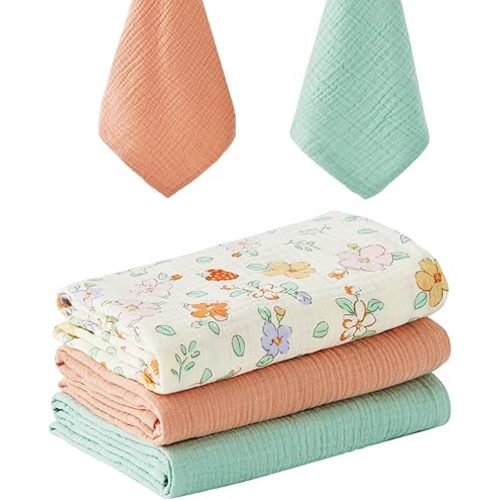 RILIHO 5 Pack Muslin Swaddle Blankets & Baby Burp Cloths, Soft & Breathable Cotton Baby Blankets, Receiving Blankets for Newborn, Nursery Infant Essentials, Swaddling Wrap for Unisex (Pink & Green)