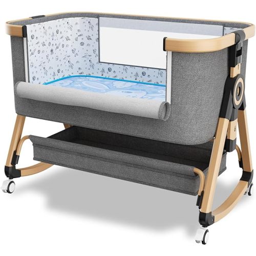 3 in 1 Baby Bassinet,Bedside Sleeper with Storage Basket and Wheels,Portable Baby Crib with Mosquito Net, 6 Adjustable Height & Breathable Mesh,Easy to Fold (Brown&Black)
