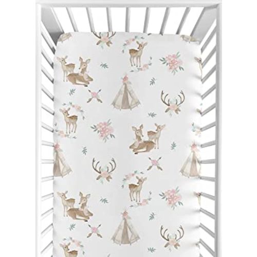 Sweet Jojo Designs Fitted Baby Crib Sheets (Woodland Deer Floral) for Girls, Infant Nursery, Toddler Room - Standard Size (Boho, Watercolor, Bohemian, Flowers, Shabby Chic, Blush Pink & Mint Green)