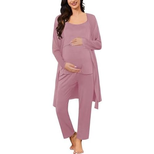 SWOMOG Maternity Nursing Robe Set 3 PCS Postpartum Pajamas Breastfeeding Labor Delivery with Robe & Camisole & Pants