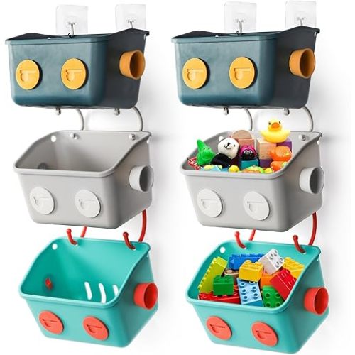 6 Pack Bath Toy Storage Organizer Basket, 3 Layers Wall Mounted Hanging Shower Caddy, Plastic Robot Modeling Kitchen Shelf with Hook, No Drilling Colorful Toy Holder for Kid Bathtub Shampoo