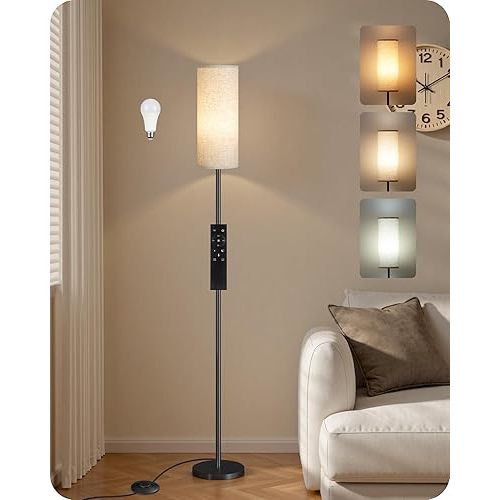 64.4” Dimmable Floor Lamp for Living Room with Remote and Foot Switch, Modern Standing Tall Lamp, Corner Floor Lamp for Bedroom, 10W 900LM LED Bulb Included, 3000K-6500K, Beige, FCC Listed E06LD05W1
