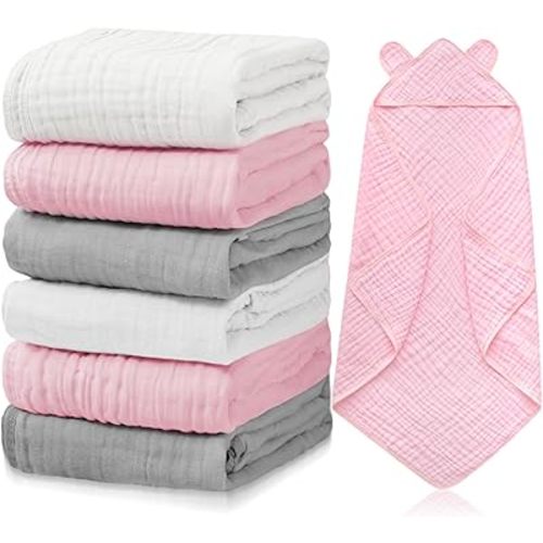 Preboun 6 Pcs Muslin Baby Bath Towel with Hood 6 Layers Cute Hooded Baby Towels Cotton Absorbent Baby Hooded Towel for Newborn Kids Girl Infant Boys Toddler Shower Gift Supplies (Grey,Pink,White)