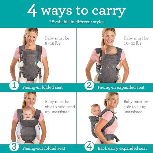 Infantino Flip Advanced 4-in-1 Carrier - Ergonomic, convertible, face-in and face-out front and back carry for newborns and older babies 8-32 lbs - Grey