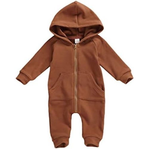 Infant Baby Boys Girls Zipper Warm Hooded Romper Jumpsuit Solid Long Sleeve Bodysuit Outfit Fall Winter Clothes
