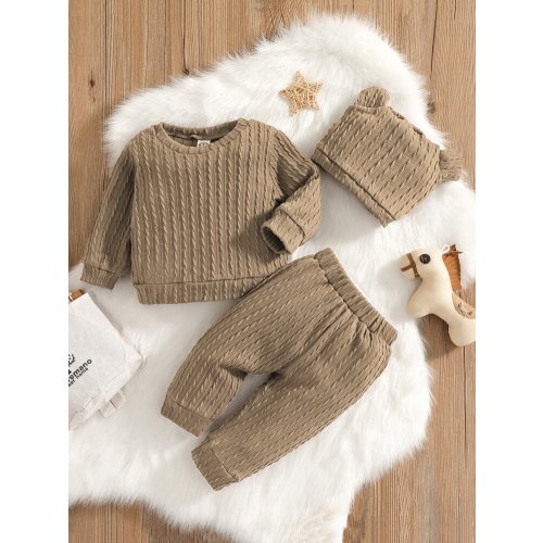 Baby Cable Textured Sweatshirt & Sweatpants & Accessory Hat