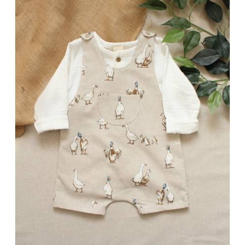 Puddle Duck Linen Look Cotton Short Dungaree Romper. 0-6 years.