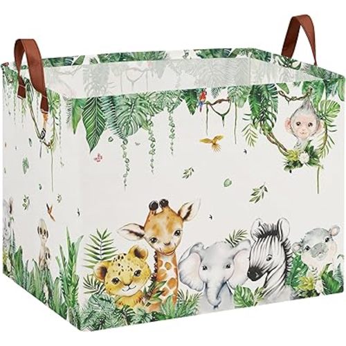 Jungle Safari Nursery Basket -Stackable and Collapsible Animal Basket Hamper ,Freestanding Kid Storage Bin Clothes Book Toy Organizer Bin ( Upgraded Metal Frames)