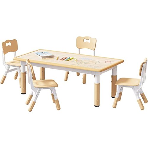Brelley Kids Table and 4 Chairs Set, Height Adjustable Toddler Table and Chair Set, Graffiti Desktop, Non-Slip Legs, Max 300lbs, Children Multi-Activity Table for Ages 2-8 - Beige