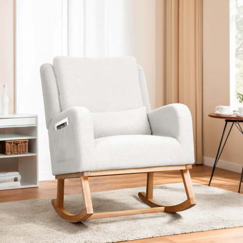 Modern Rocking Chair, Rocking Chair Nursery with 1 Lumbar Pillow and 2 Side Pockets, Soft Padded Nursery Rocking Chairs for Indoor Living Room Bedroom, Ivory