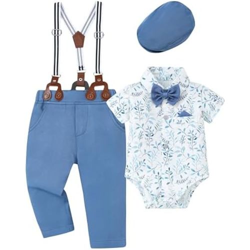 WESIDOM Baby Boy Clothes Suit 0-24M Infant Gentleman Wedding Outfit, Shirt+Bowtie+Beret+Suspender Pants Clothing Set