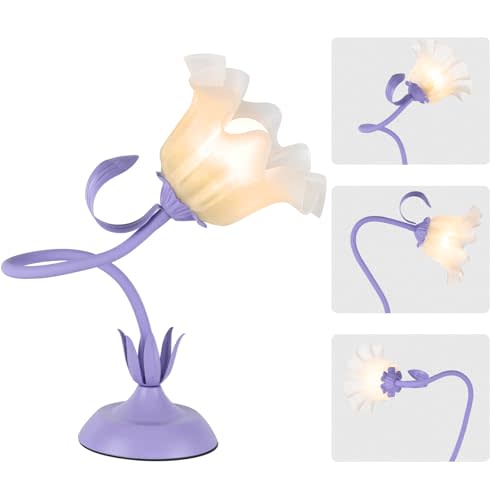 Fuzzbopn Cute Flower Desk Lamp, 3 Color Temperature Table Lamp with LED Bulb, Vintage Bedside Lamps, Reading Lamps with Soft Light for Bedroom, Living Room(Purple)