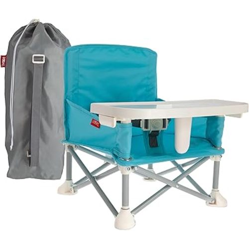 Nuby Easy Go Pop-Up Booster Seat with Removable Tray - 6+ Months - Portable Booster Seat for Floor for Indoor/Outdoor Use - 3-Point Safety Adjustable Straps - Includes Travel Bag - Aqua