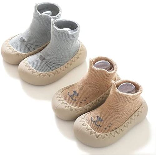 Toddler 2 Pairs Anti-Skid Socks Shoes Baby Boys Girls Rubber Sole Indoor First Walking Slippers